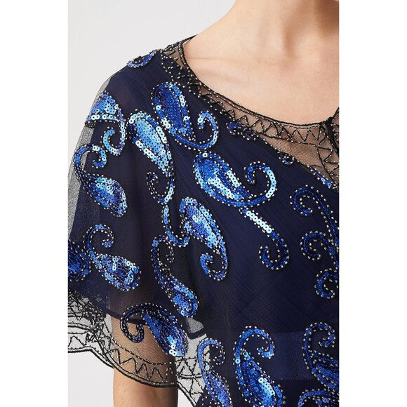 🆕 Women Blue Sequin Beaded Evening Cape Bridal Shawl Bolero Flapper Cover Up - Picture 3 of 6